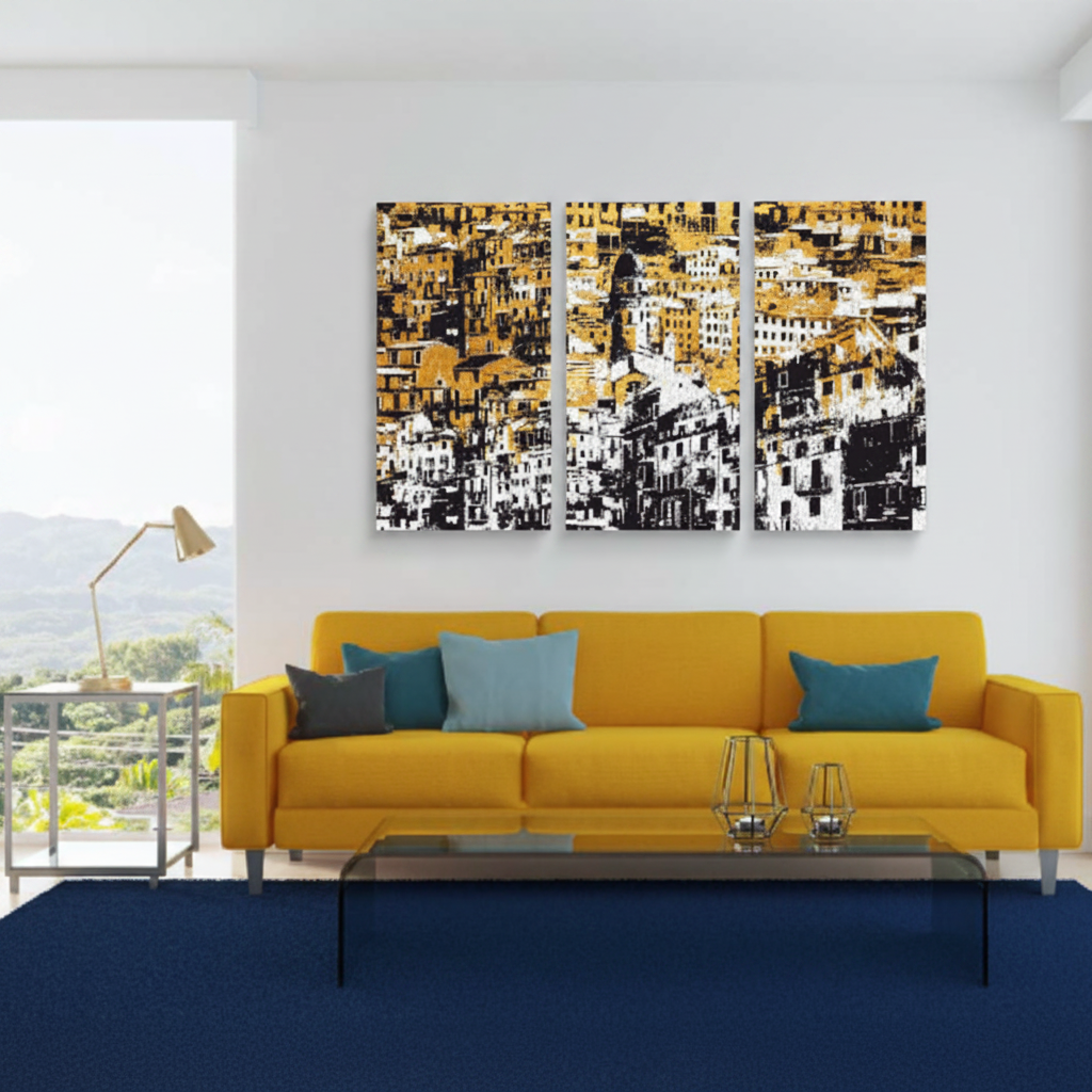 Golden City Skyline Triptych Canvas Art