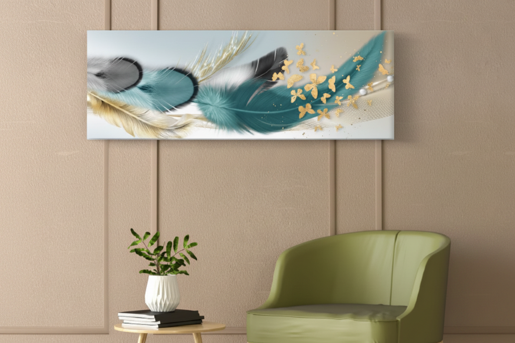 Teal Feather Gold Butterfly Panoramic Canvas