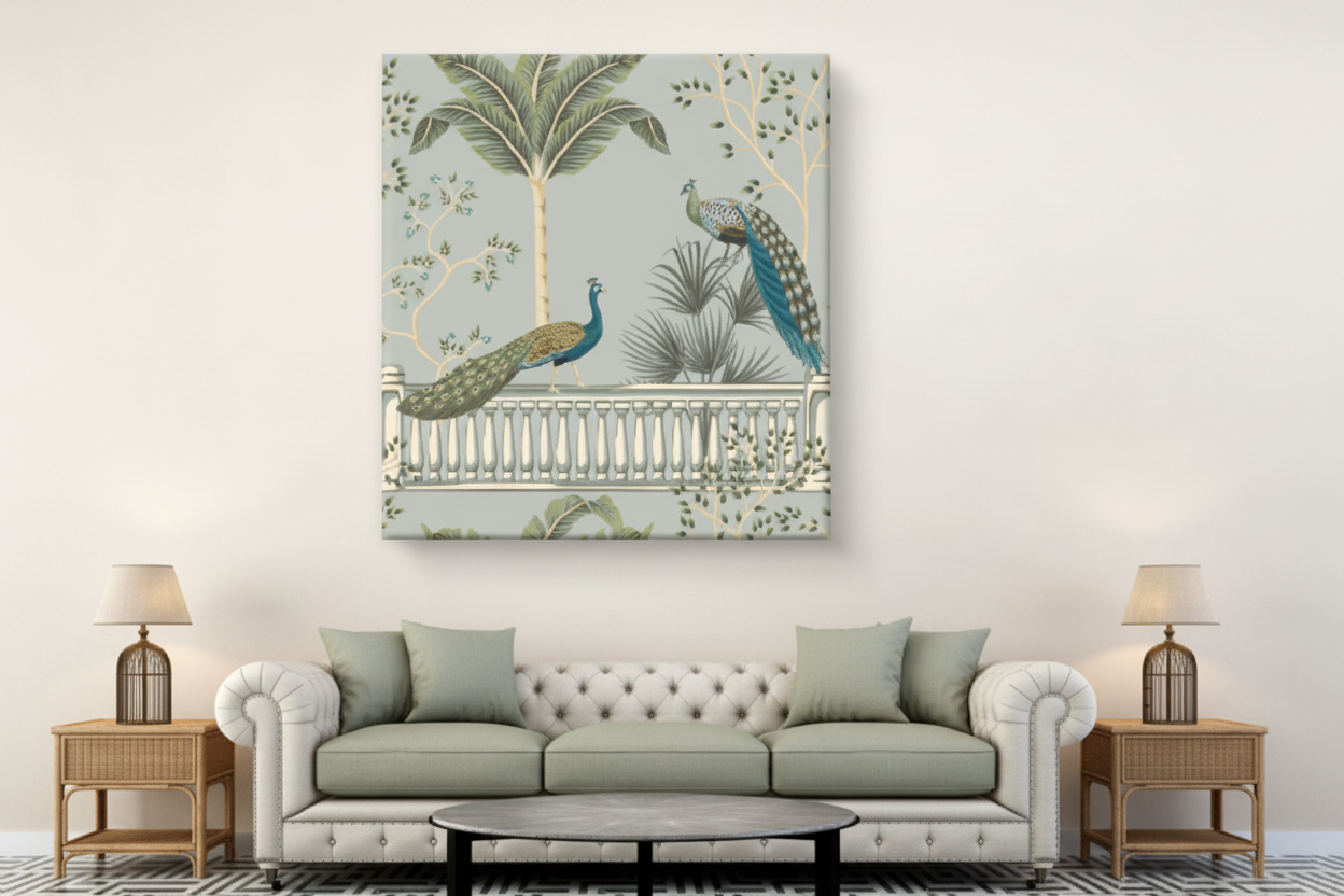 Chinoiserie Peacock Balustrade Botanical Canvas