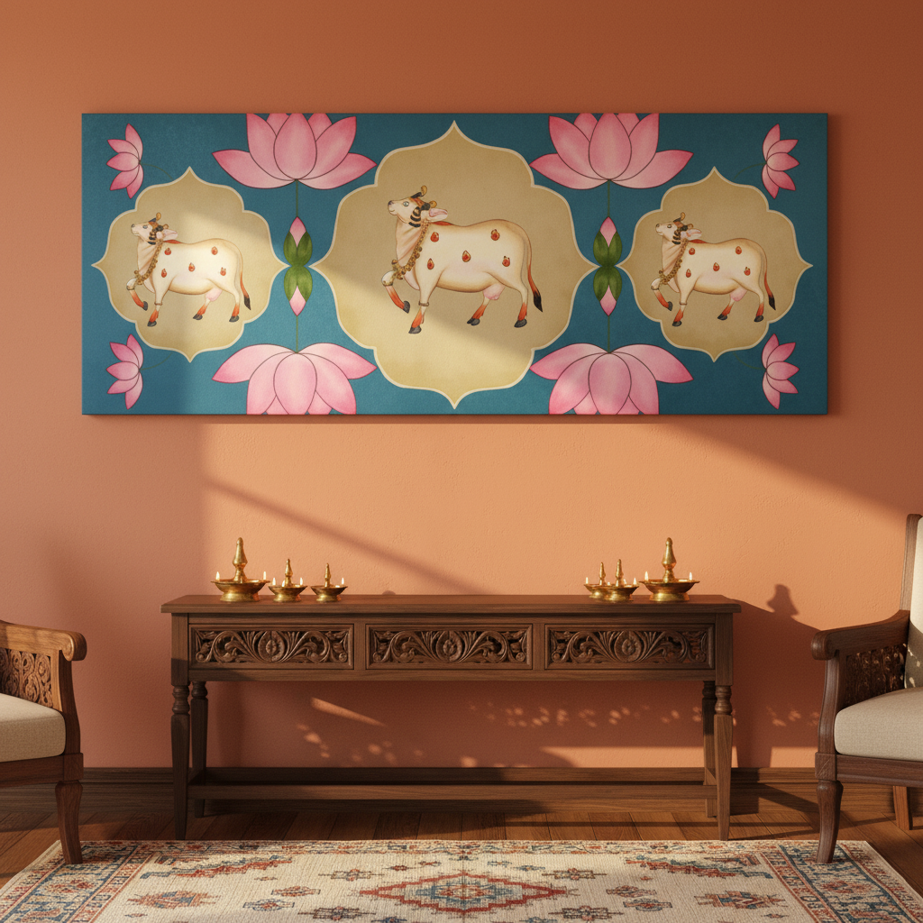Pichwai Sacred Cow Lotus Panoramic Canvas Art