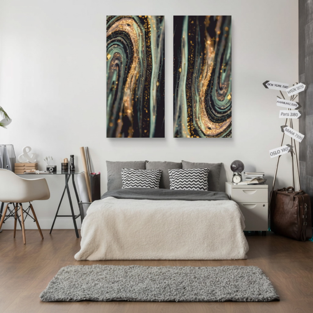 Dark Sage & Gold Fluid Abstract Duo Panel Canvas Art