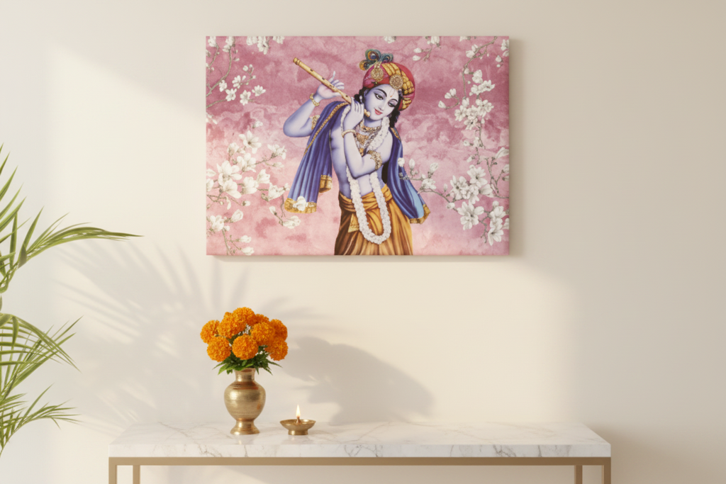 Krishna Cherry Blossom Flute Blush Canvas Art