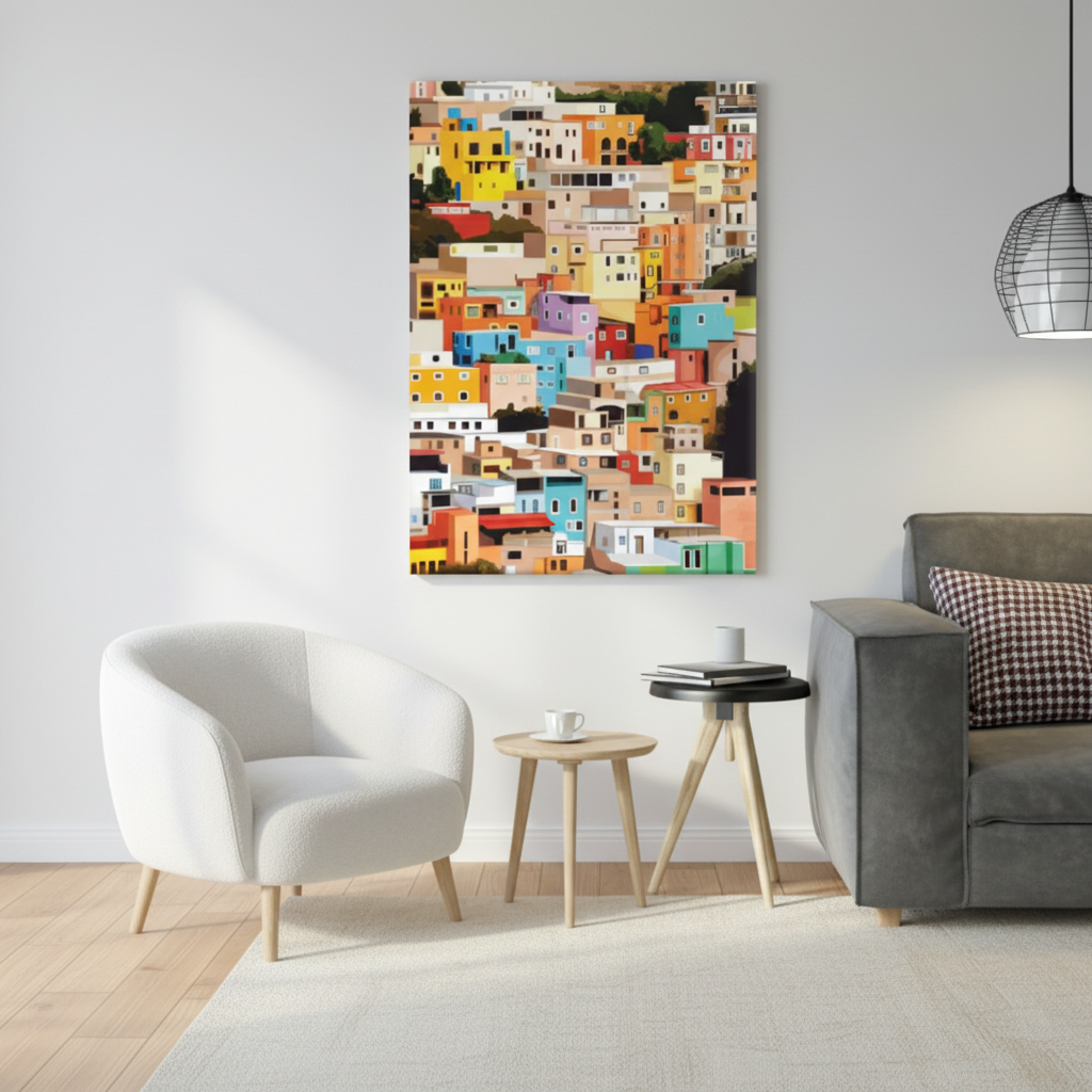 Colourful Hillside Town Illustrated Canvas Art