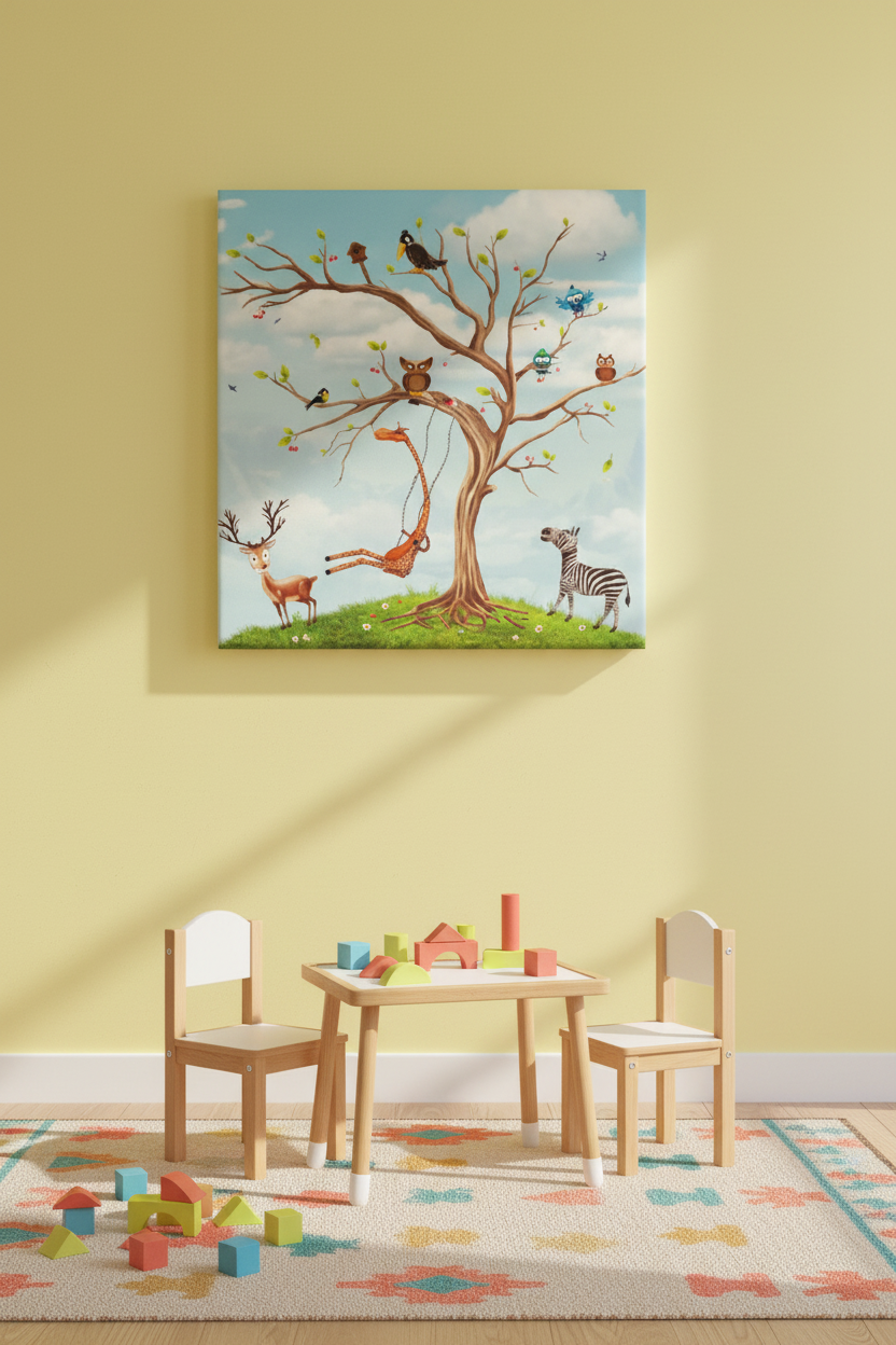 Jungle Animal Tree Whimsical Kids Canvas Art