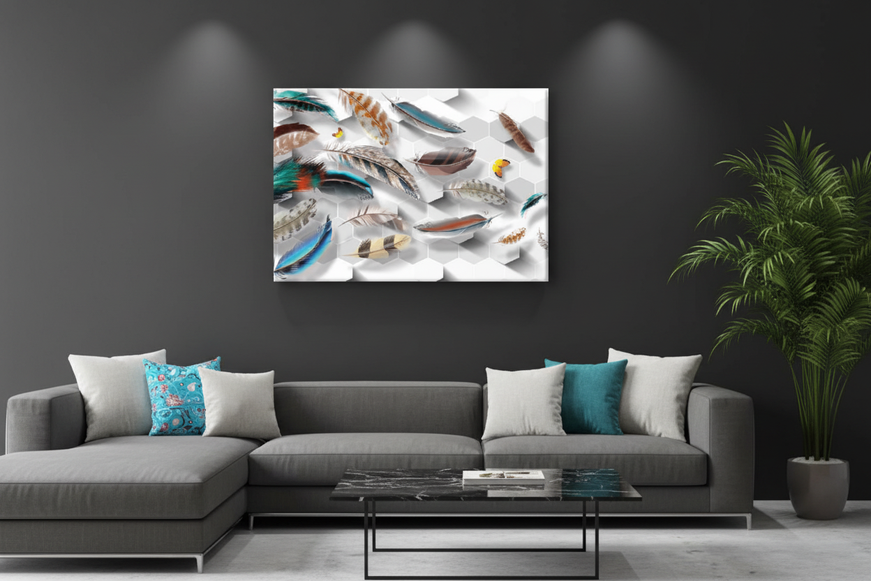 Exotic Feathers 3D Hexagon Effect Canvas Art