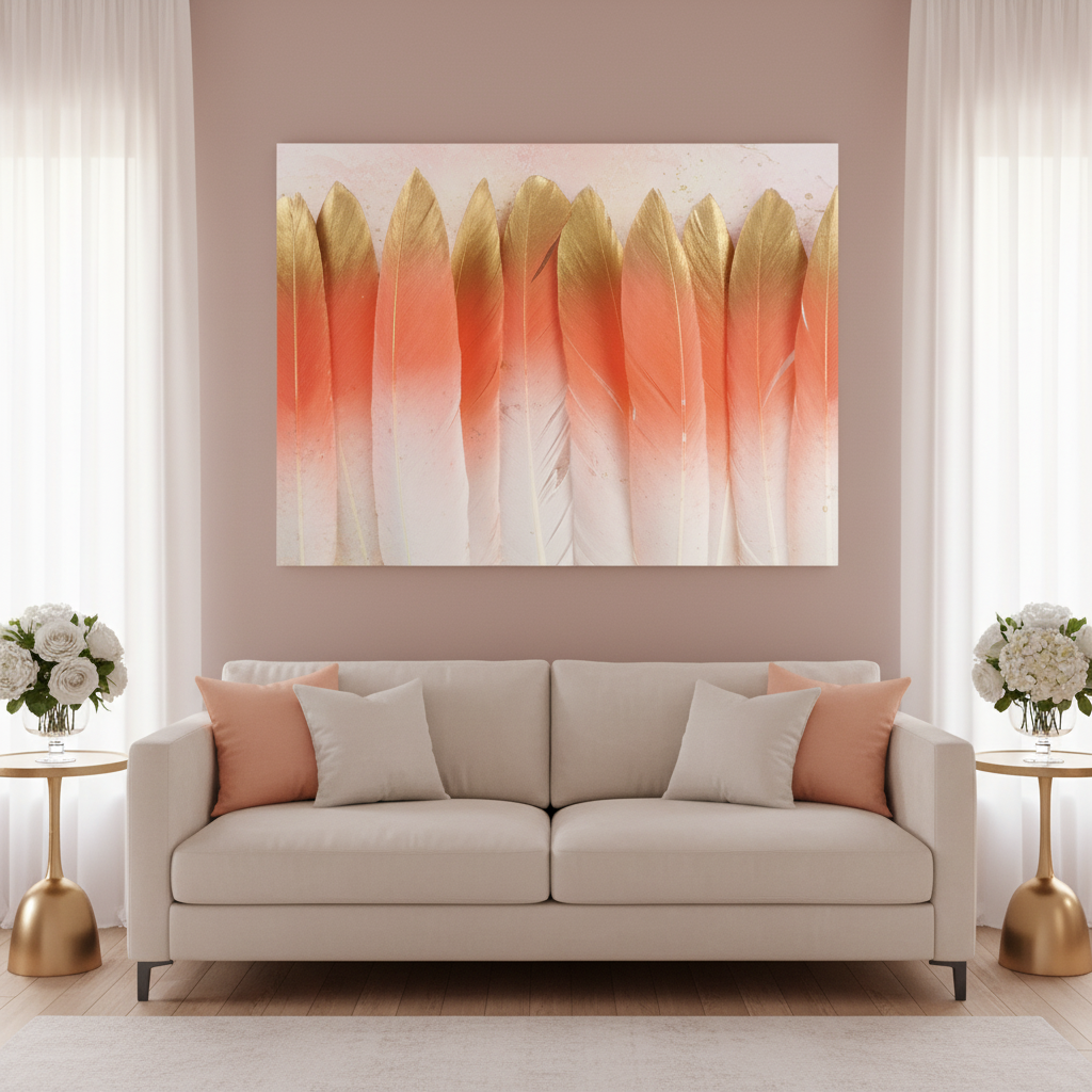 Coral Gold Feather Luxe Canvas Art