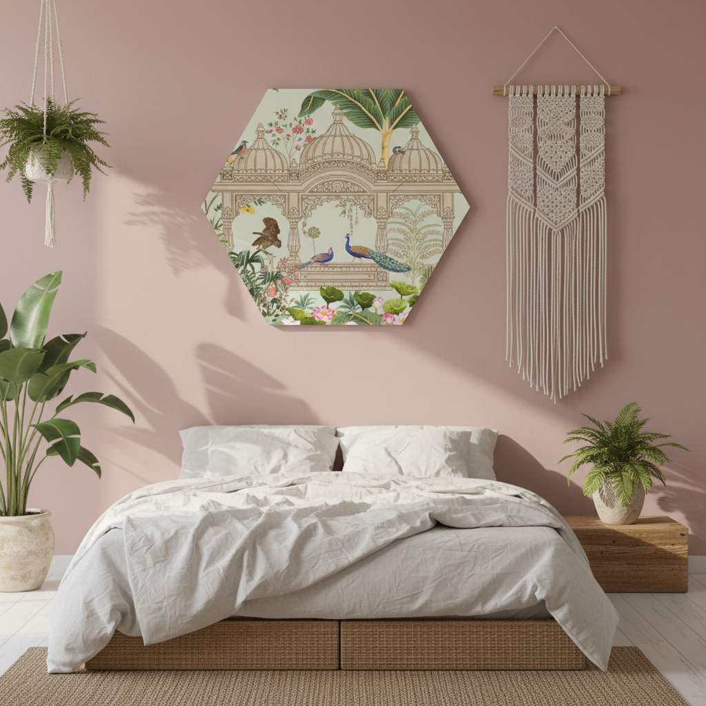 Mughal Garden Peacock Hexagon Heritage Canvas