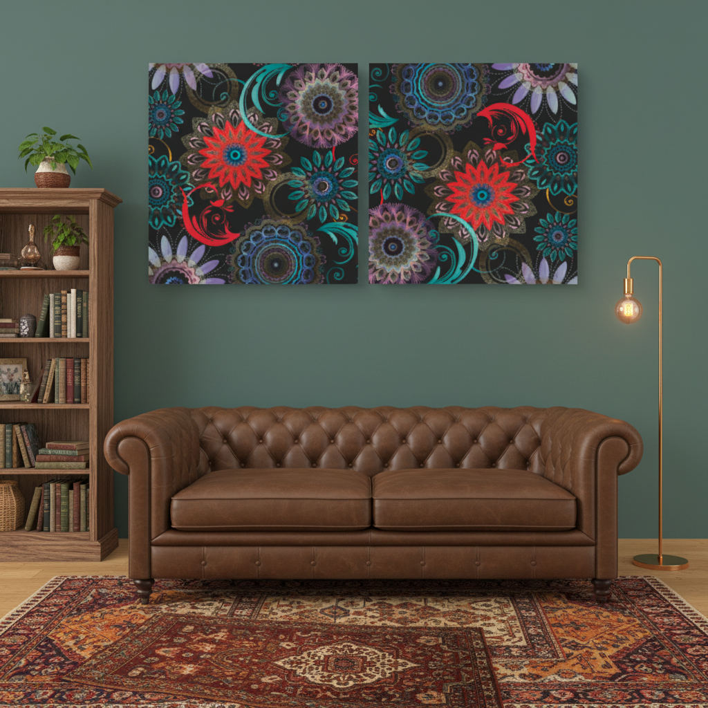 Dark Floral Mandala Diptych Canvas Art