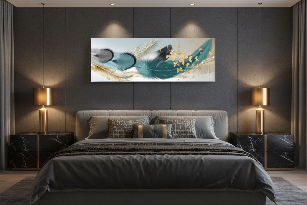 Teal Feather Gold Butterfly Panoramic Canvas