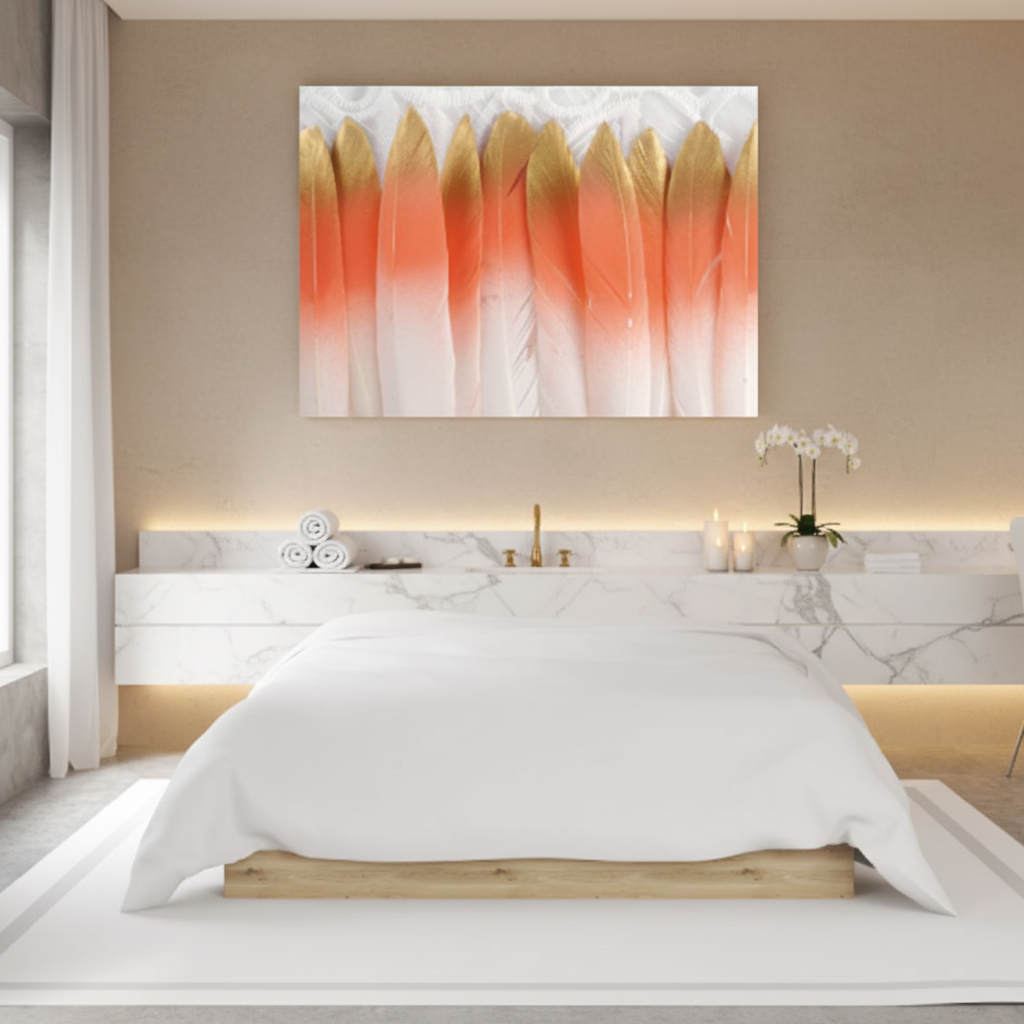 Coral Gold Feather Luxe Canvas Art