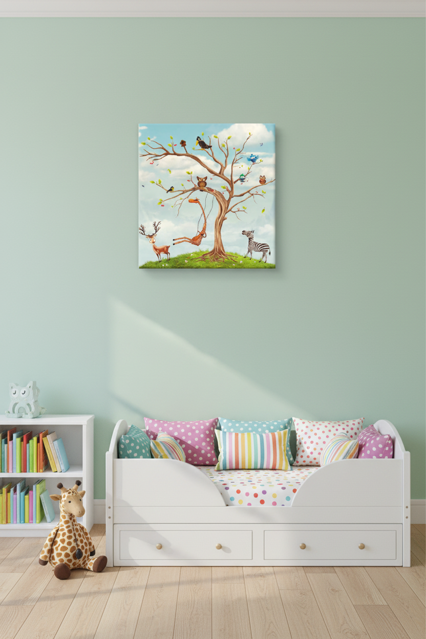 Jungle Animal Tree Whimsical Kids Canvas Art