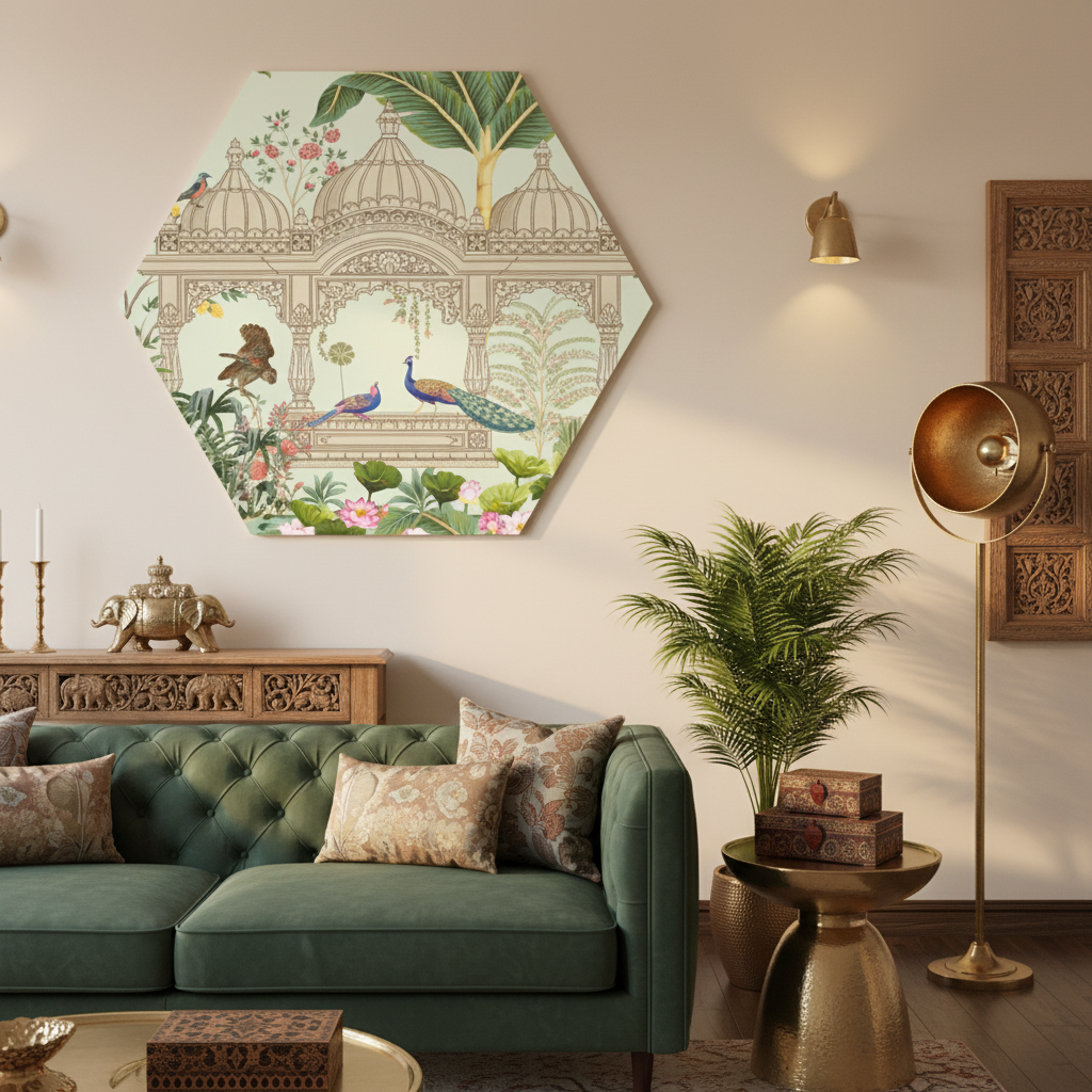 Mughal Garden Peacock Hexagon Heritage Canvas