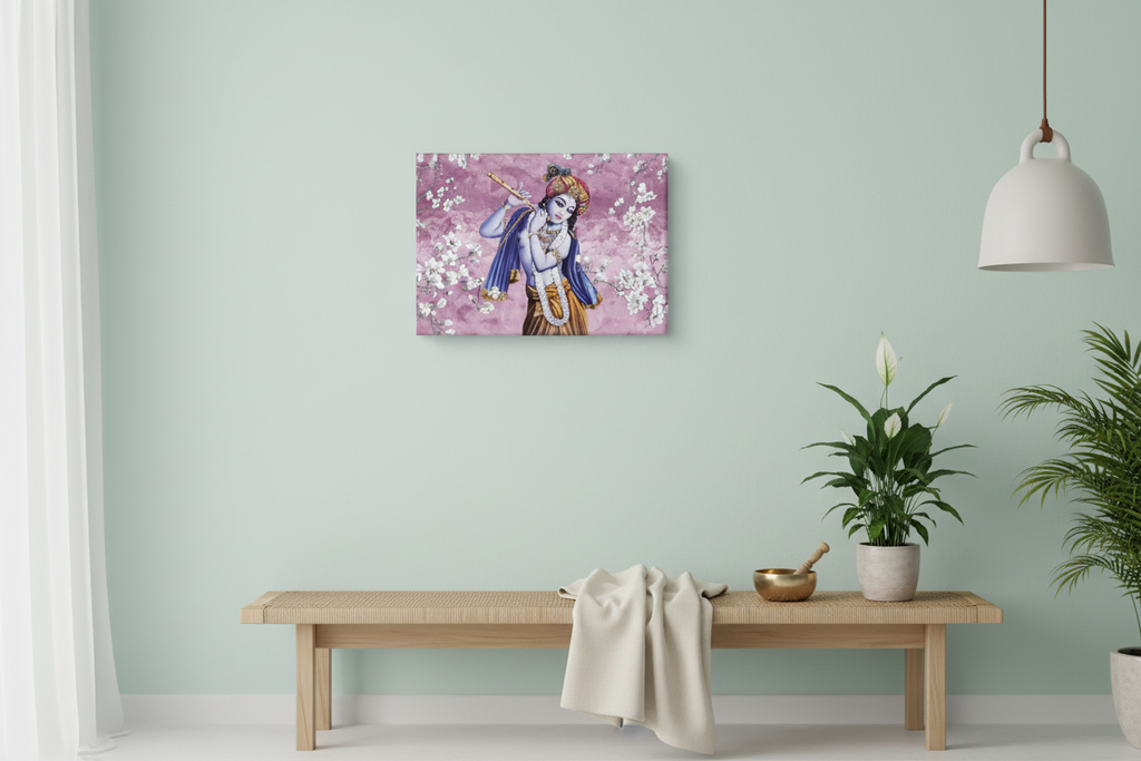 Krishna Cherry Blossom Flute Blush Canvas Art