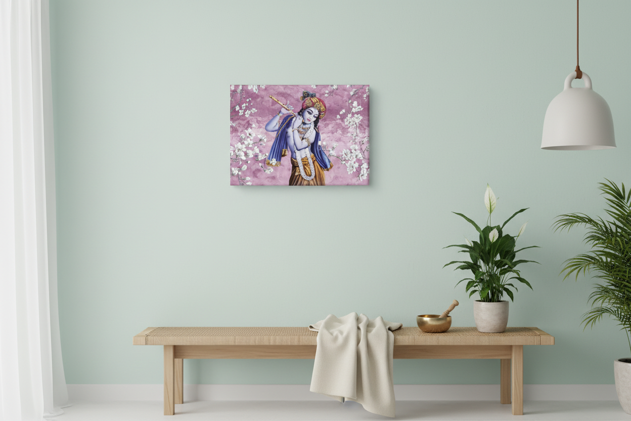 Krishna Cherry Blossom Flute Blush Canvas Art