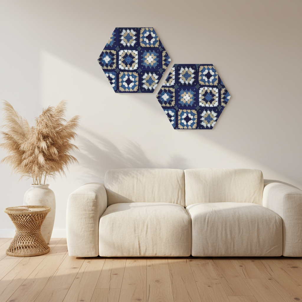 Navy Blue Crochet Mosaic Hexagon Canvas Art Duo Panel