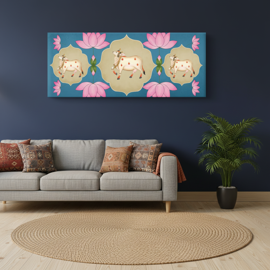 Pichwai Sacred Cow Lotus Panoramic Canvas Art