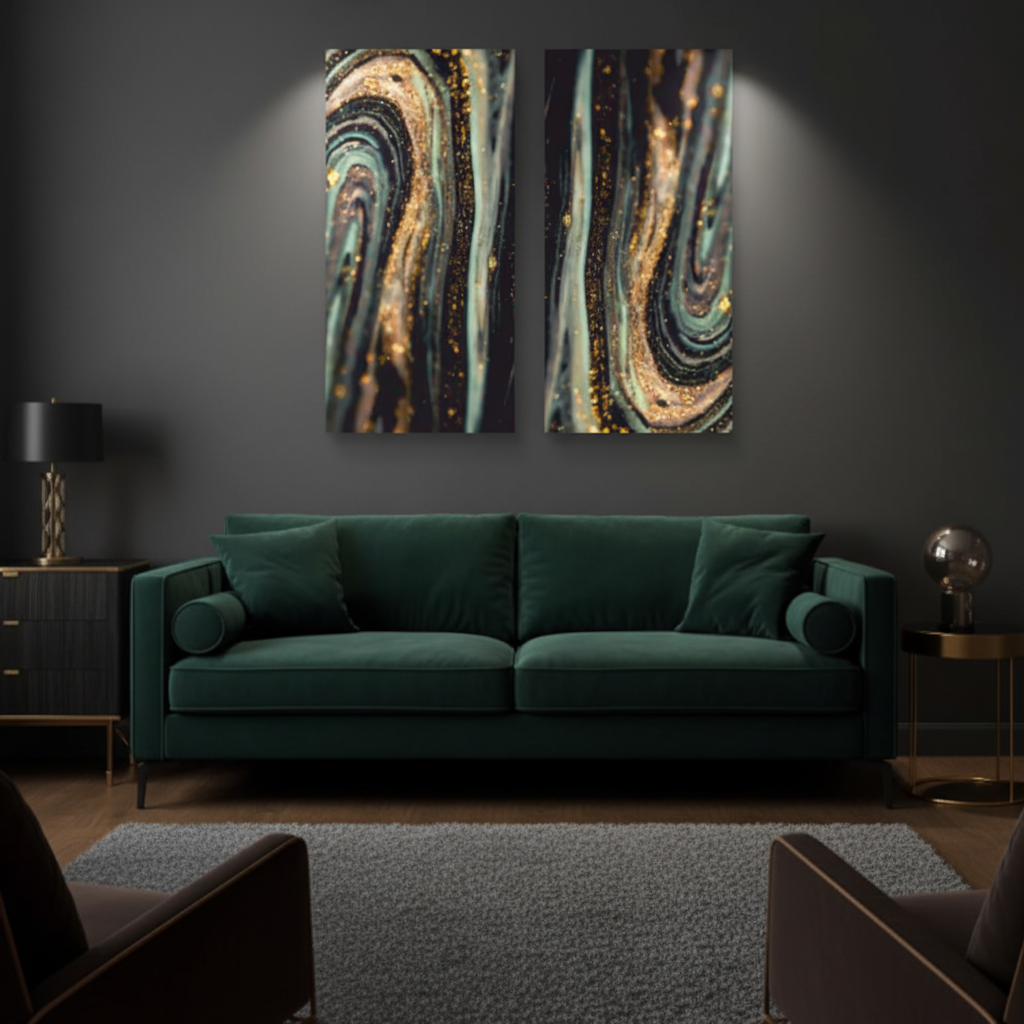 Dark Sage & Gold Fluid Abstract Duo Panel Canvas Art