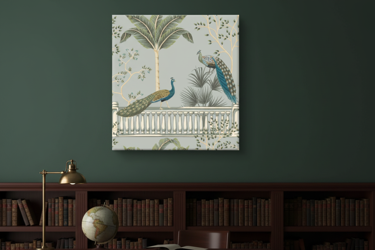 Chinoiserie Peacock Balustrade Botanical Canvas