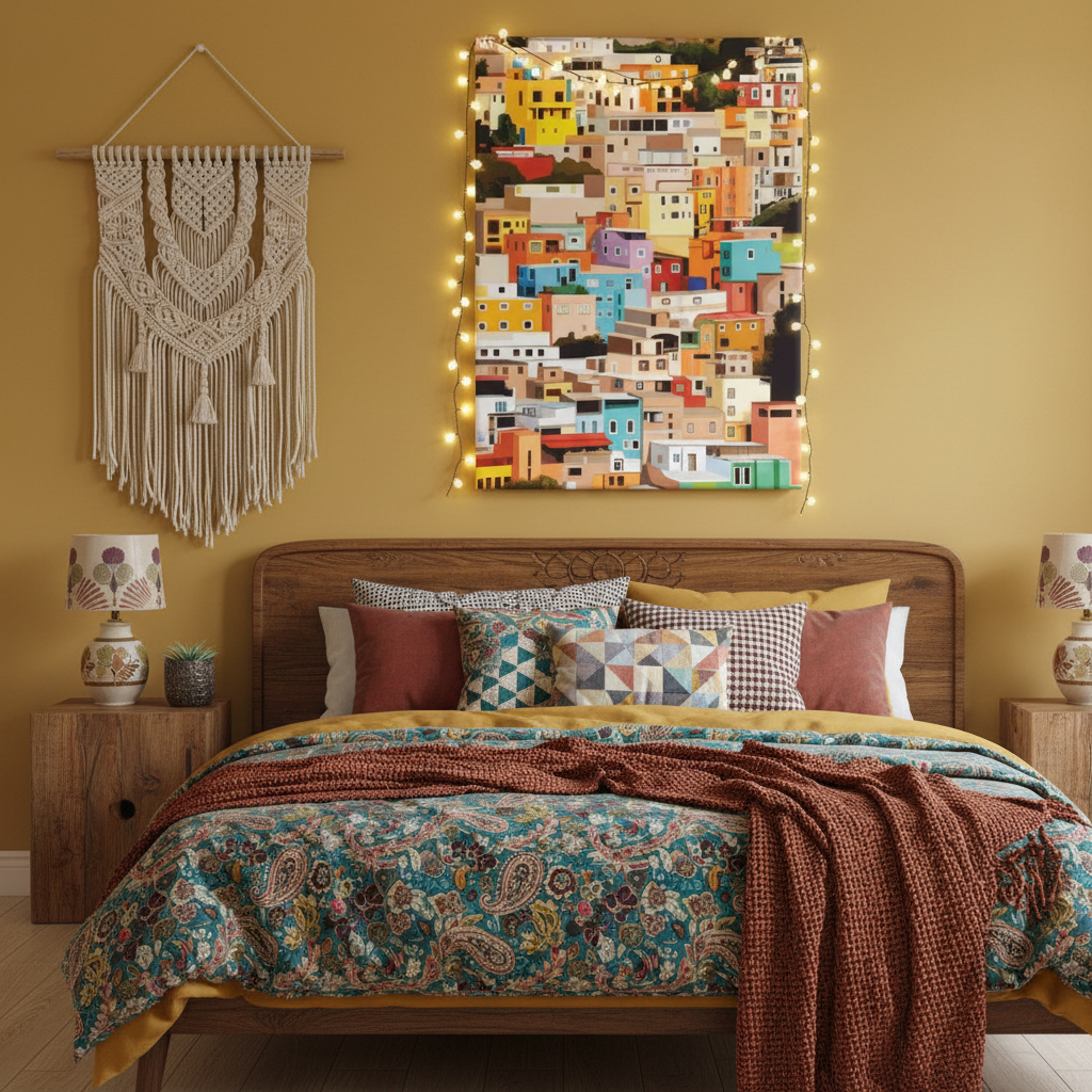 Colourful Hillside Town Illustrated Canvas Art