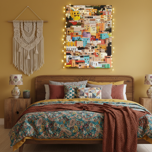 Colourful Hillside Town Illustrated Canvas Art