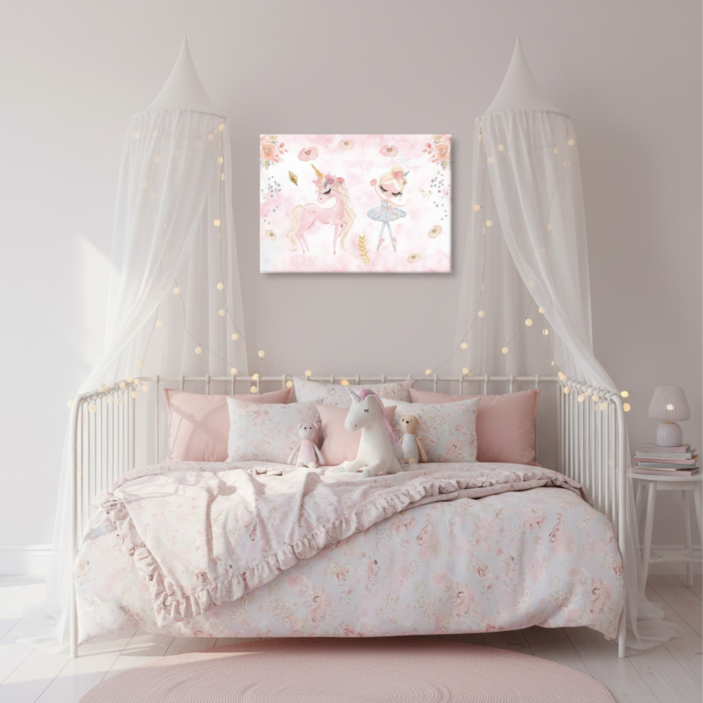 Unicorn Ballerina Blush Floral Girls Canvas Art