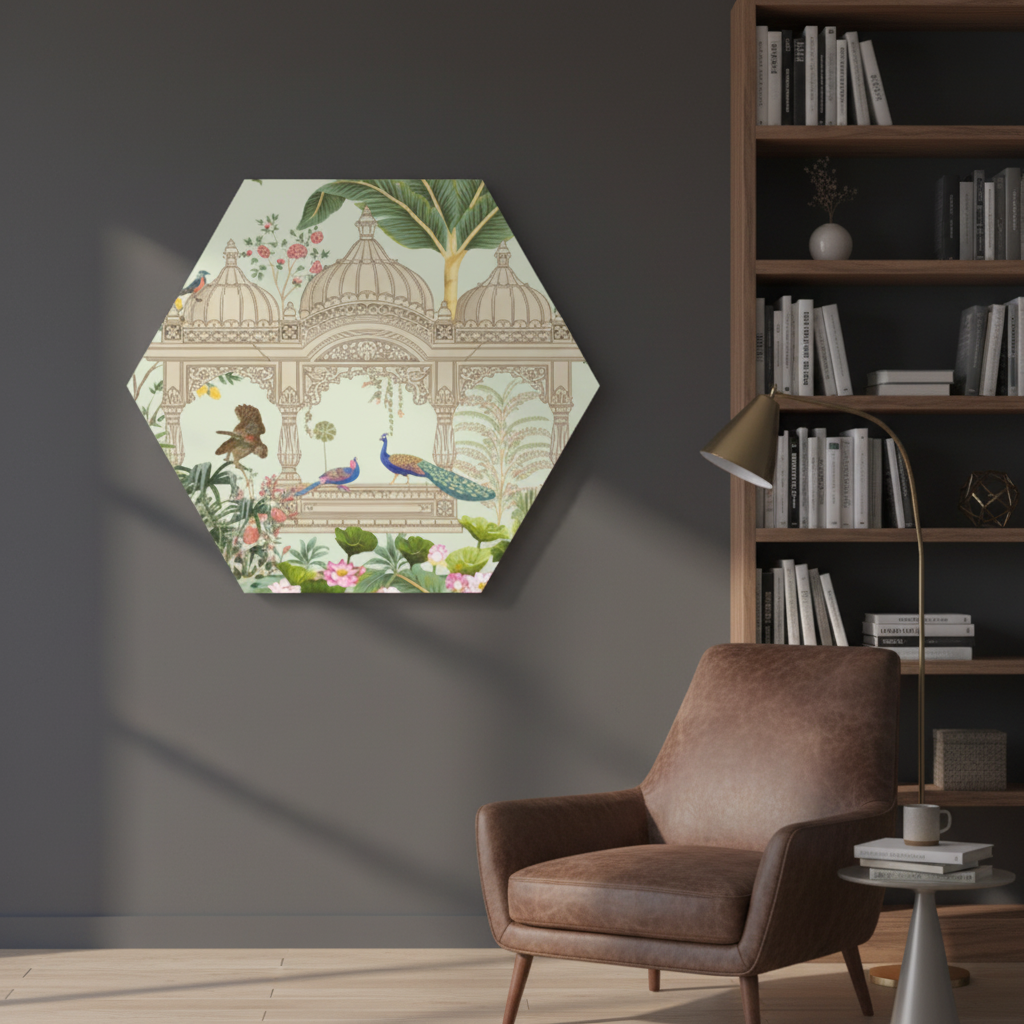 Mughal Garden Peacock Hexagon Heritage Canvas