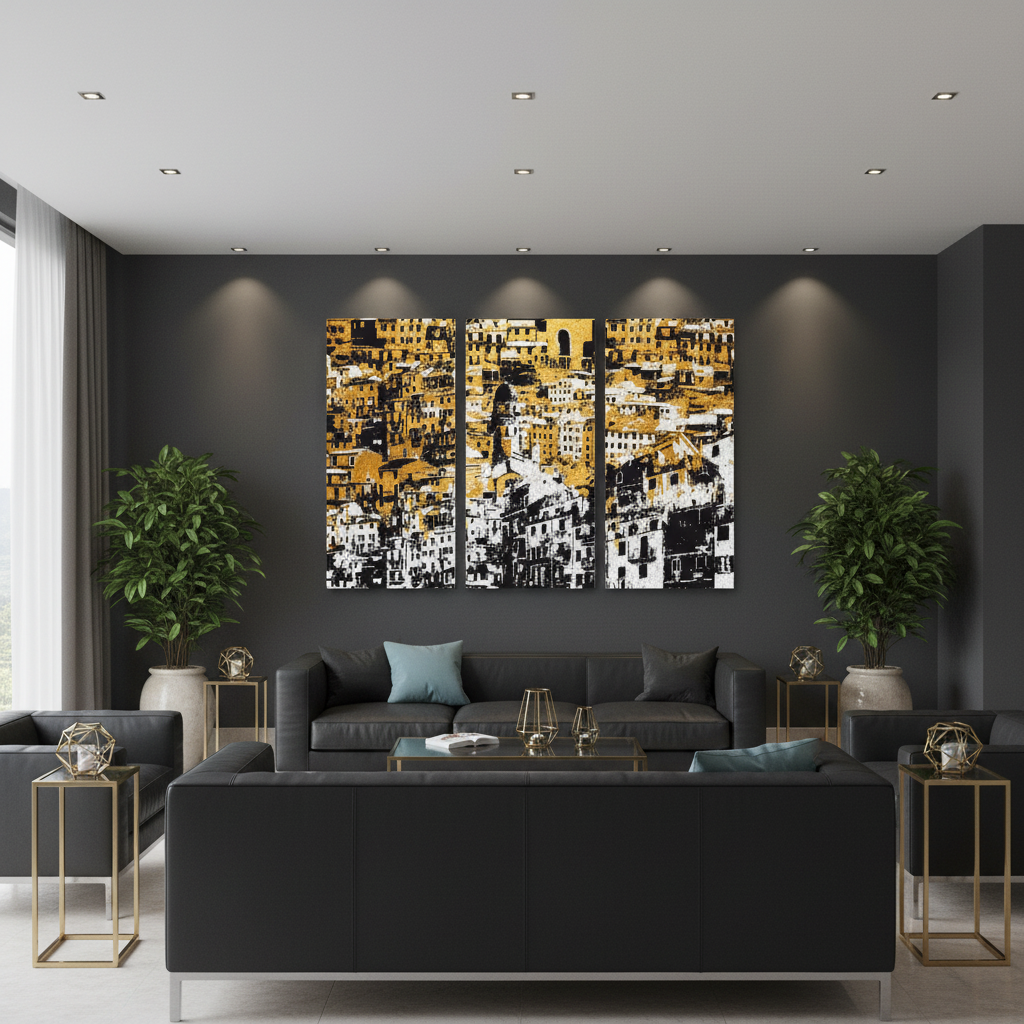 Golden City Skyline Triptych Canvas Art