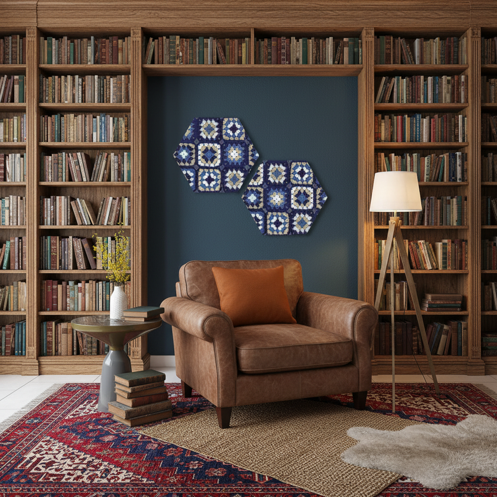 Navy Blue Crochet Mosaic Hexagon Canvas Art Duo Panel