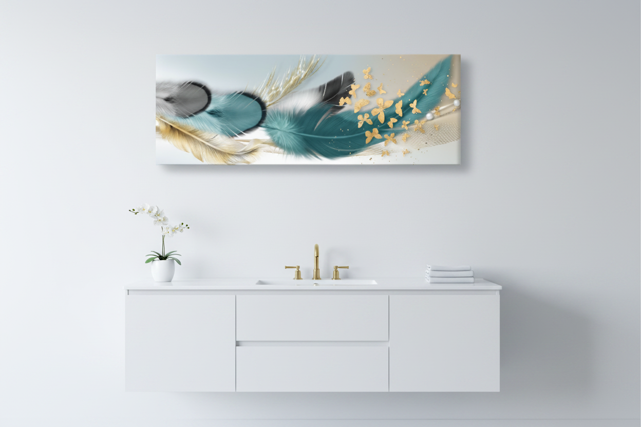 Teal Feather Gold Butterfly Panoramic Canvas