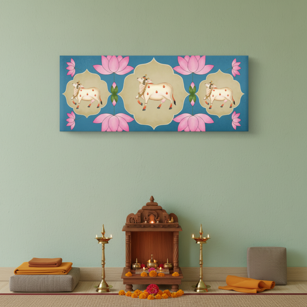Pichwai Sacred Cow Lotus Panoramic Canvas Art