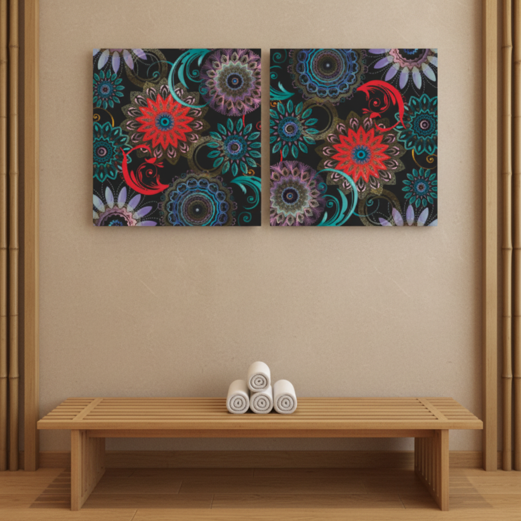 Dark Floral Mandala Diptych Canvas Art