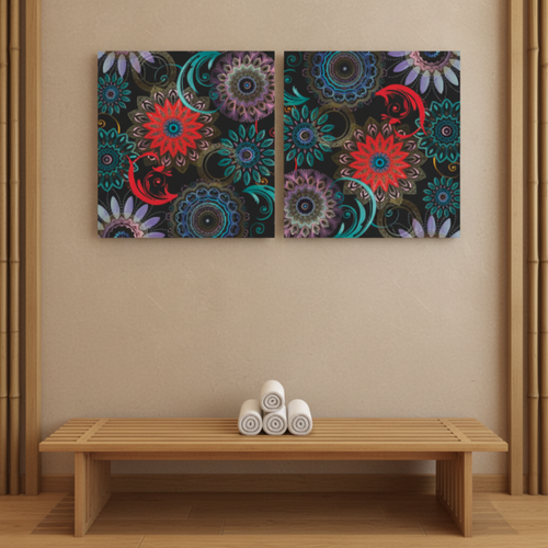 Dark Floral Mandala Diptych Canvas Art