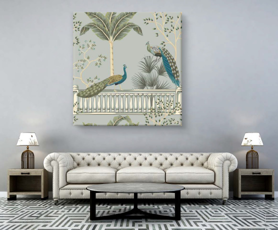 Chinoiserie Peacock Balustrade Botanical Canvas