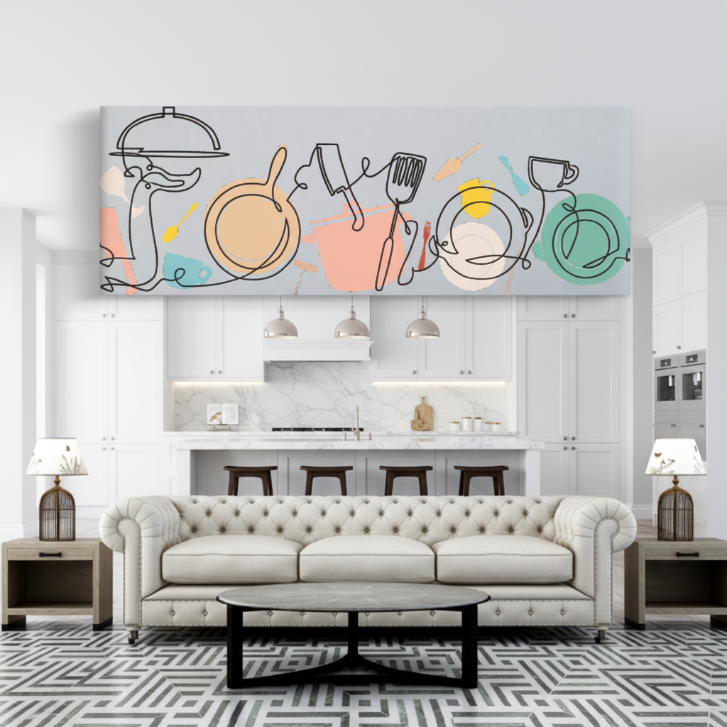 Kitchen Stories Pastel Line Art Canvas