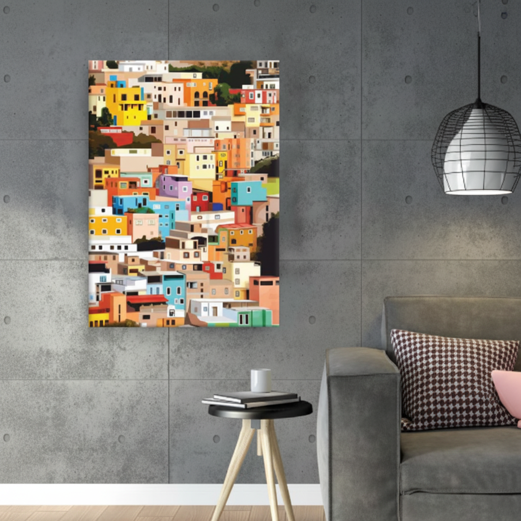 Colourful Hillside Town Illustrated Canvas Art