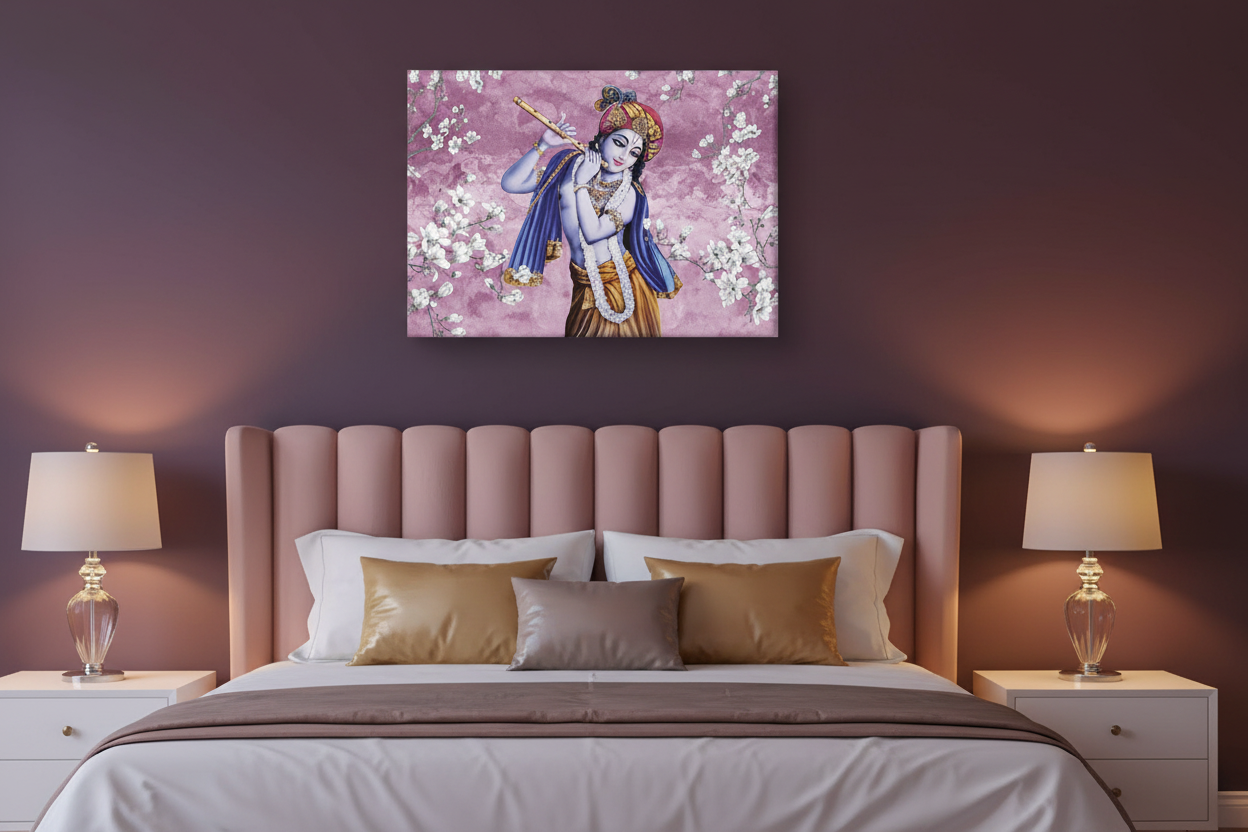 Krishna Cherry Blossom Flute Blush Canvas Art