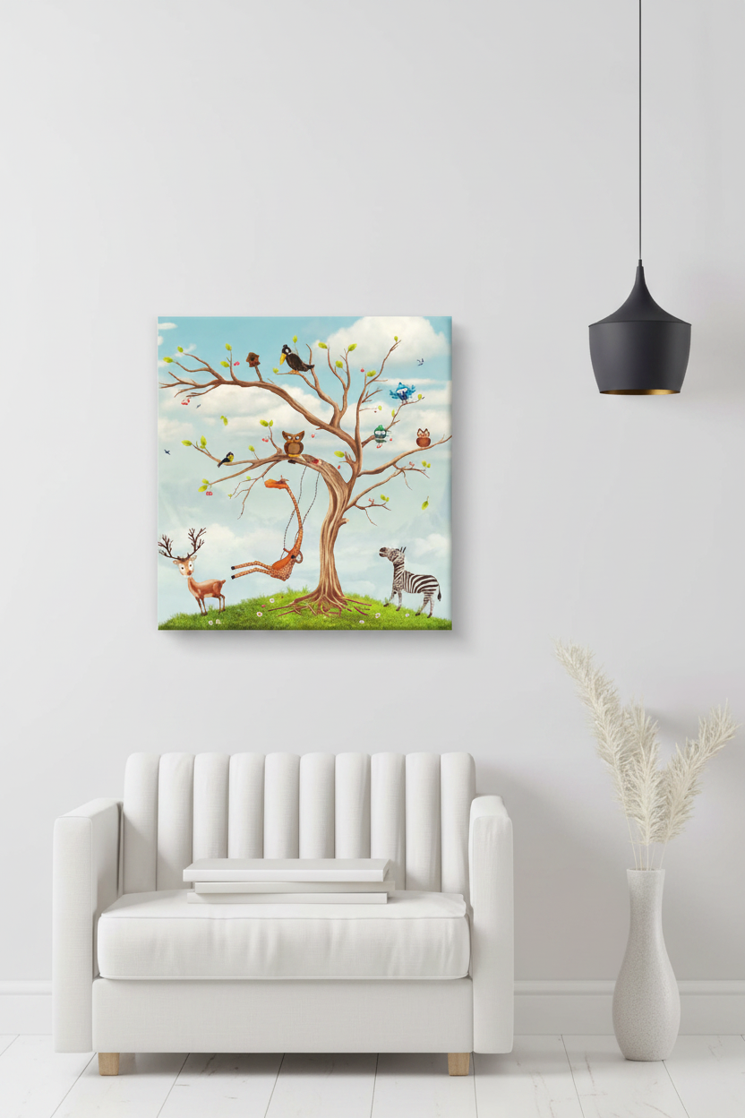 Jungle Animal Tree Whimsical Kids Canvas Art
