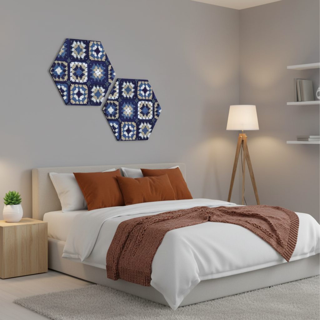 Navy Blue Crochet Mosaic Hexagon Canvas Art Duo Panel