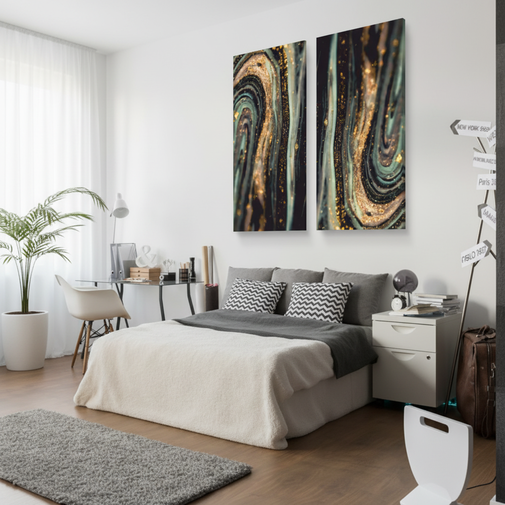 Dark Sage & Gold Fluid Abstract Duo Panel Canvas Art
