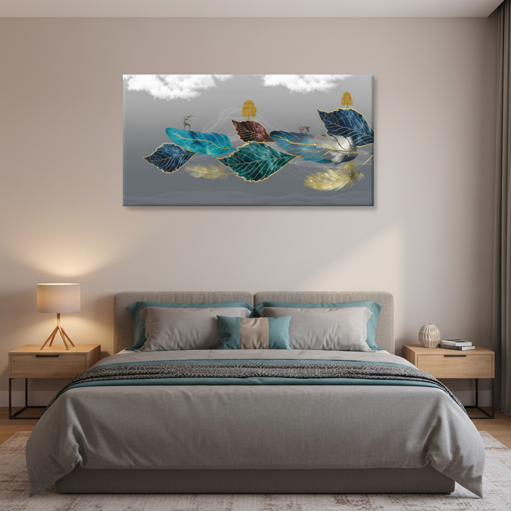 Drifting Leaves — Ethereal Teal & Gold Wall Art