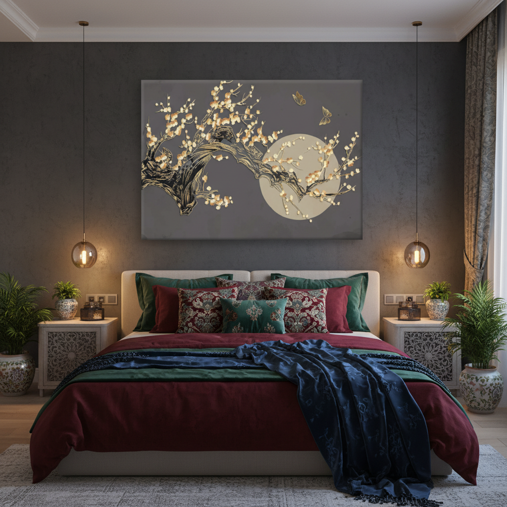 Moonlit Blossom & Golden Birds — Dark Luxury Wall Art