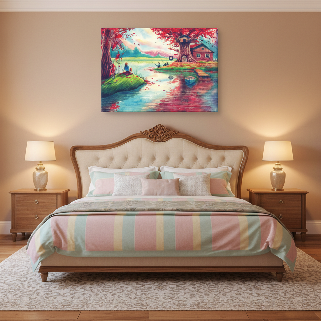 Riverside Reverie — Serene Watercolour Landscape Wall Art