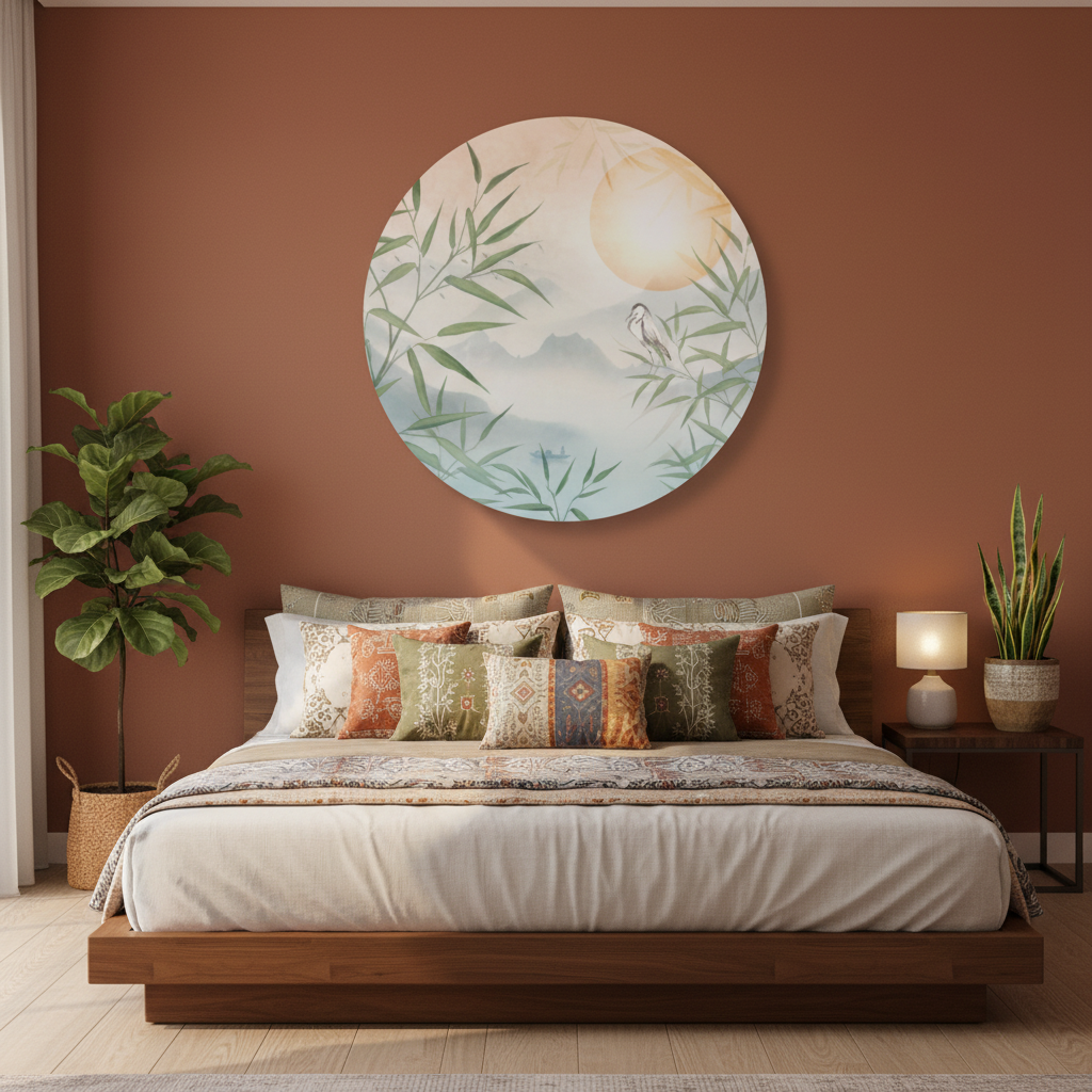 Bamboo Mist & Egret — Circular Asian Wall Art