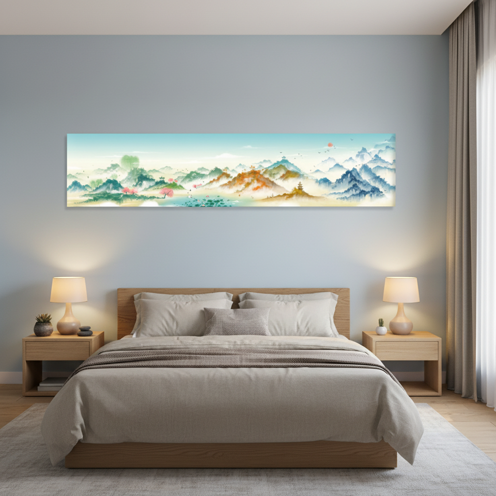 Misty Peaks — Chinese Watercolor Mountain Landscape Wall Art