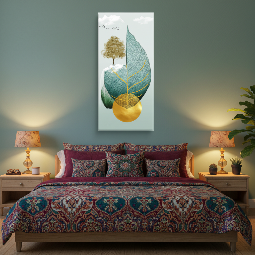 Teal Leaf & Golden Tree — Vertical Luxury Wall Art