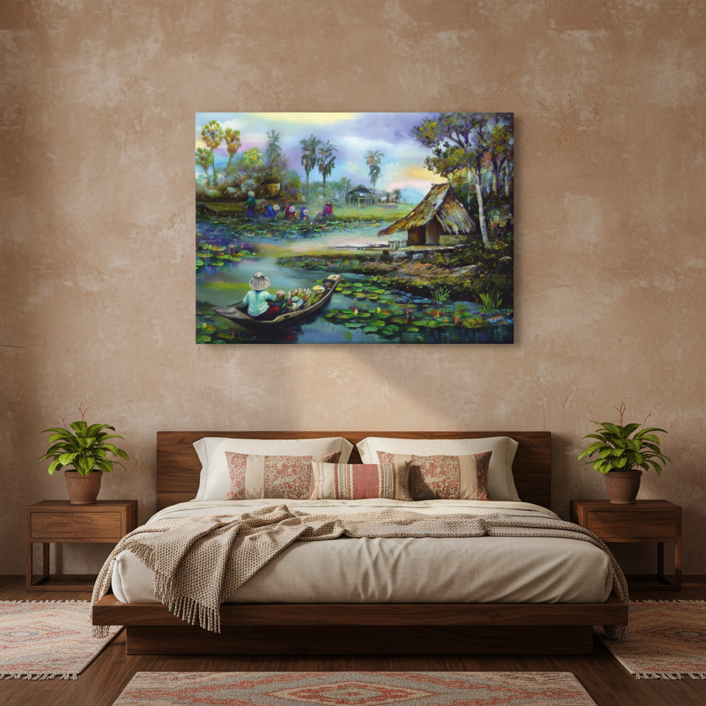 Lotus Village — Serene Pond & Boat Wall Art