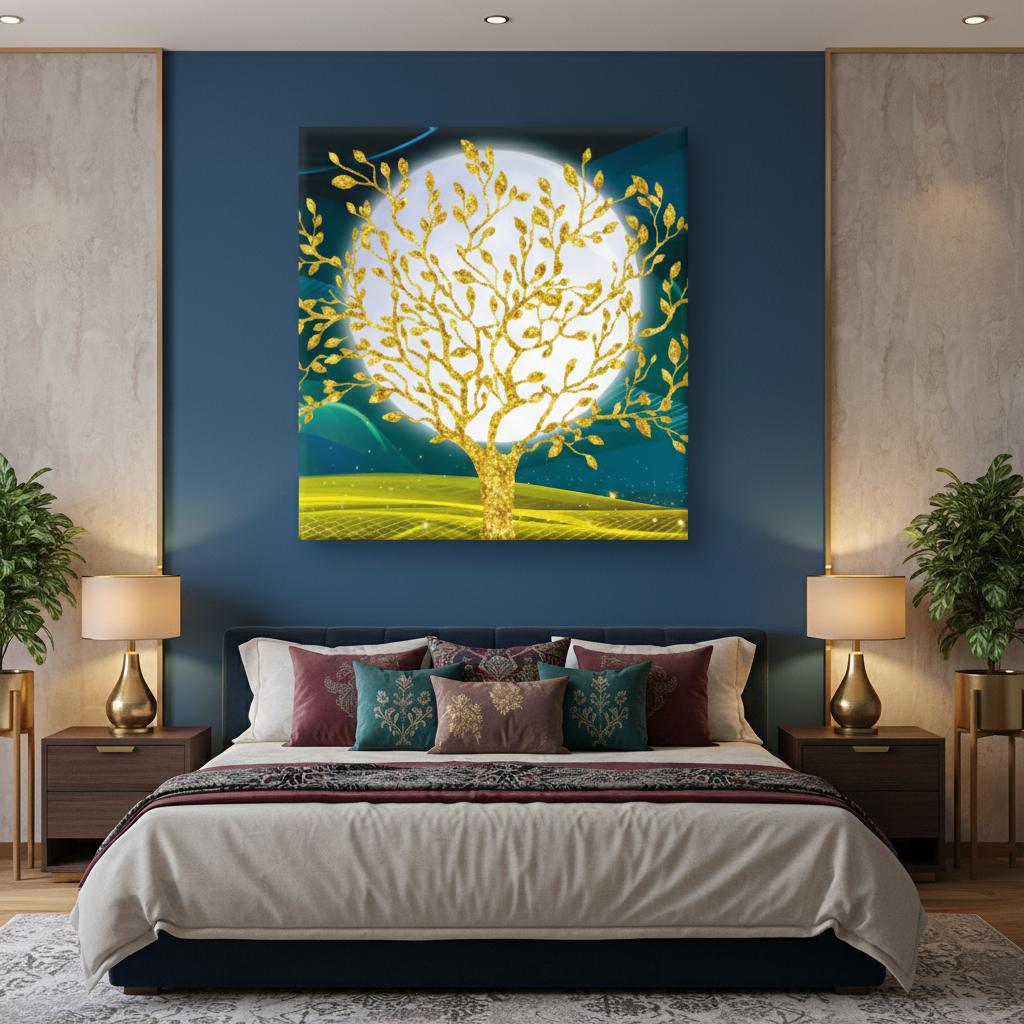 Golden Moon Tree — Teal Luxury Wall Art