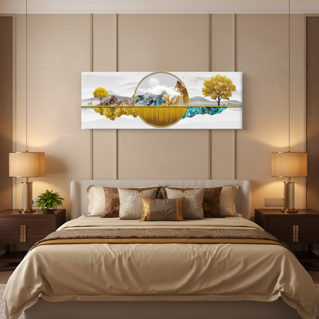 Golden Landscape & Teal Crystal — Luxury Panoramic Wall Art
