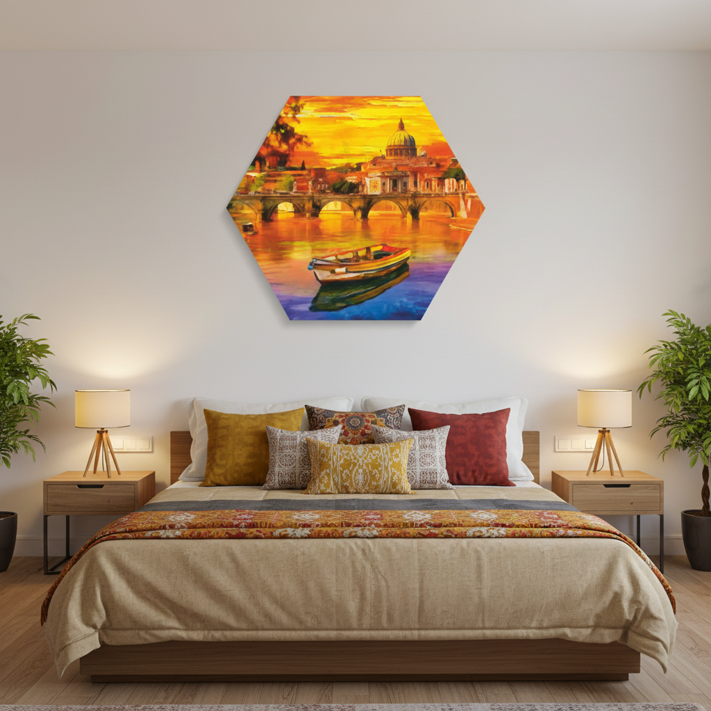 Golden Sunset Cityscape — Hexagonal Luxury Wall Art