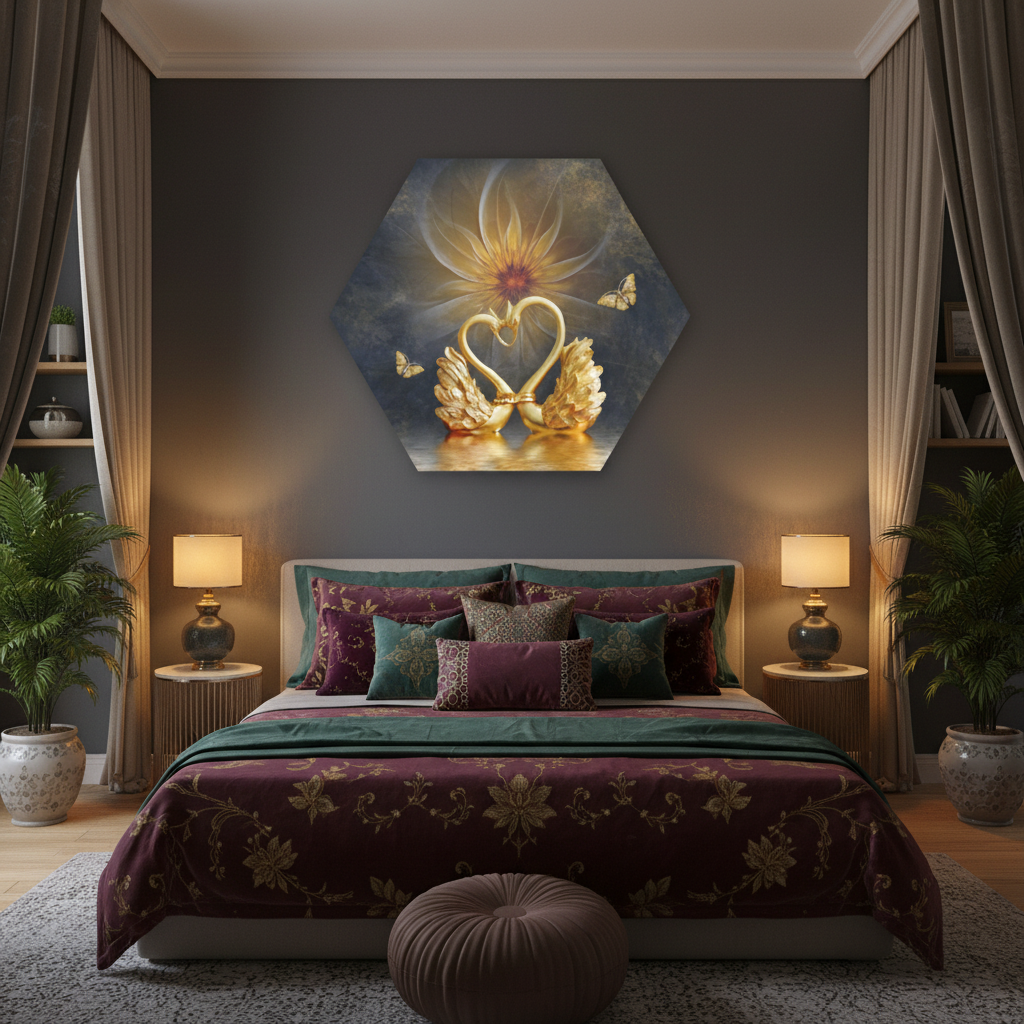 Golden Swan Love — Hexagonal Luxury Wall Art
